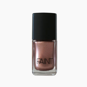 A bottle of Galactic Rose nail polish by Paint Nail Lacquer against a white backdrop, this shade is a metallic dark bronze shade with pink undertones.